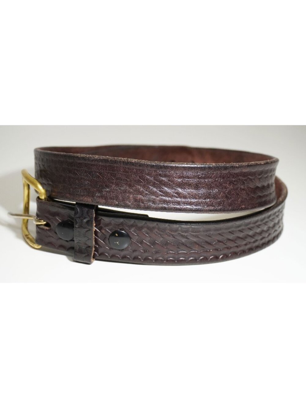 Vintage 45" Boston Leather Brown Tooled Basketweave Belt Brass Buckle USA Made